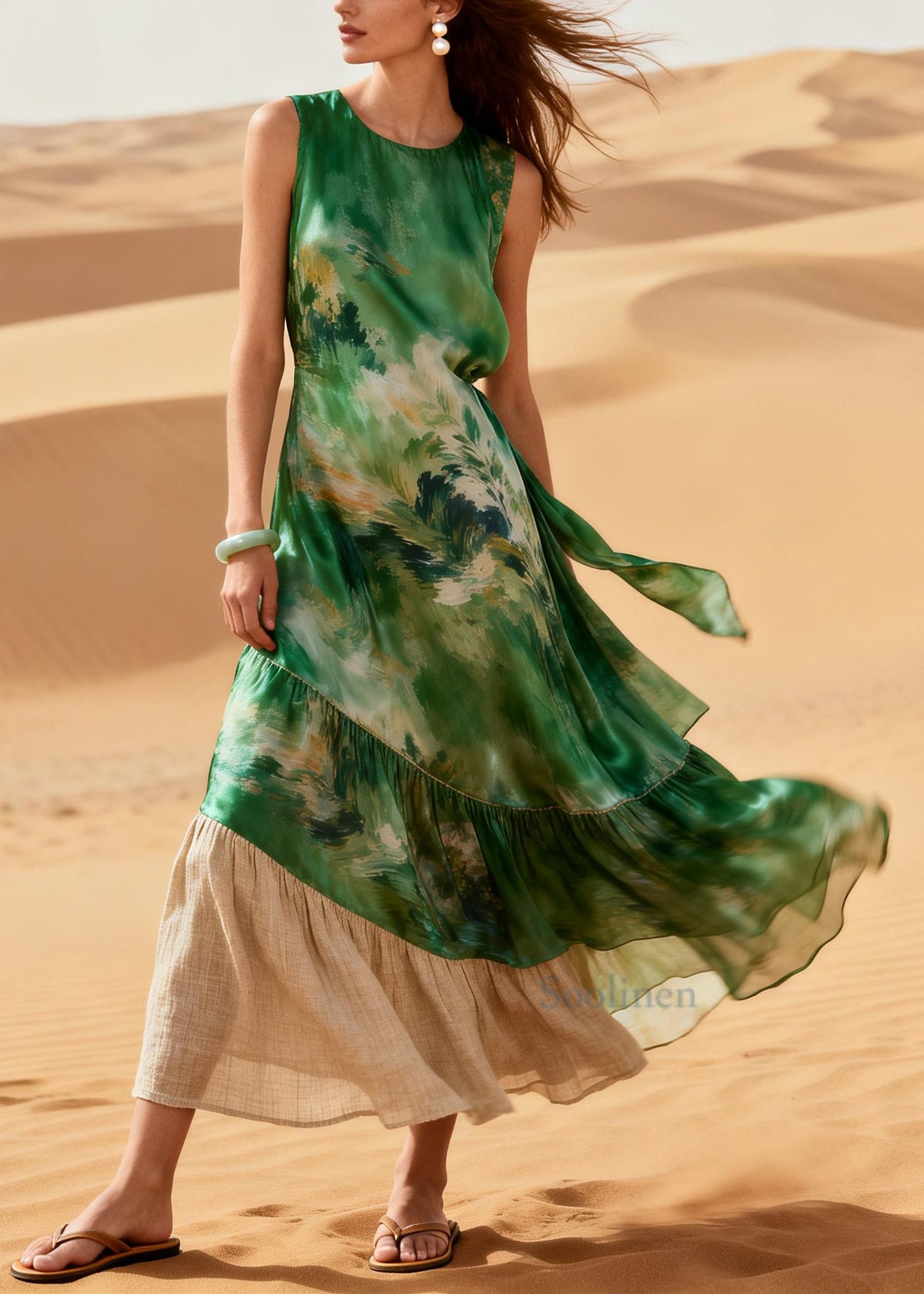 Bohemian Green Patchwork Linen Silk Maxi Dresses Summer