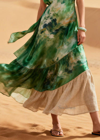 Bohemian Green Patchwork Linen Silk Maxi Dresses Summer