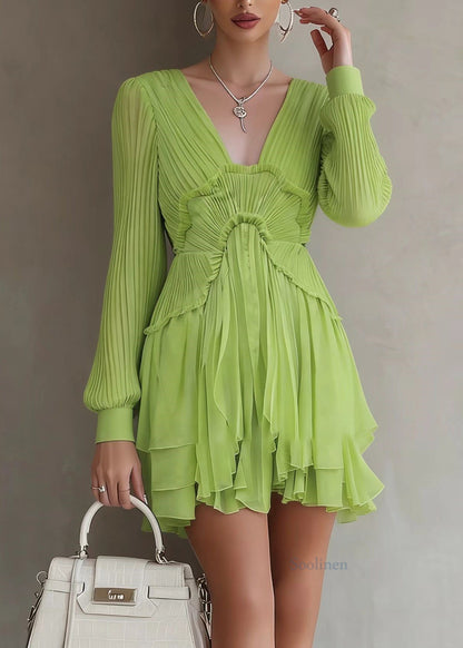 Bohemian Green Patchwork Wrinkled Solid Mid Dresses Lantern Sleeve