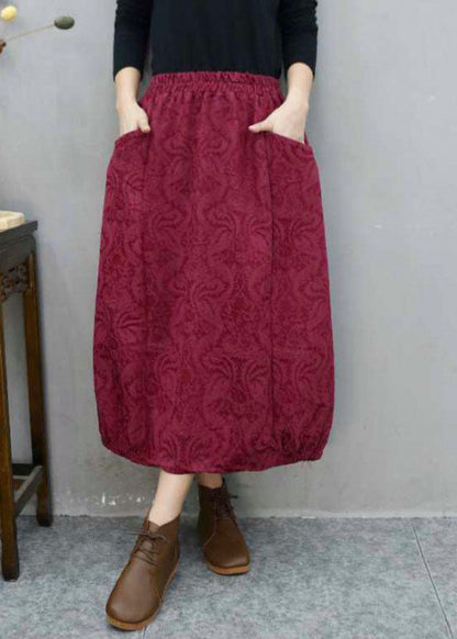 Bohemian Green Pockets Jacquard Cotton Skirts Winter