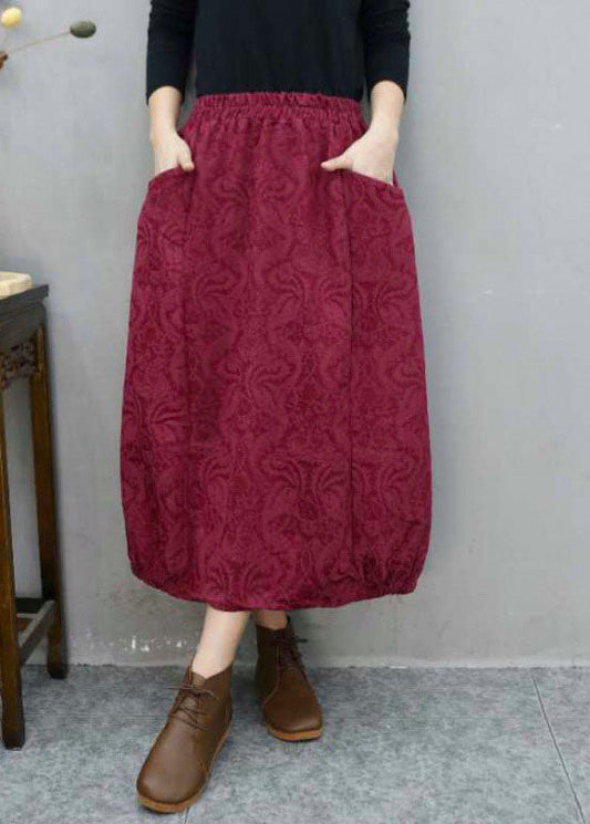 Bohemian Green Pockets Jacquard Cotton Skirts Winter