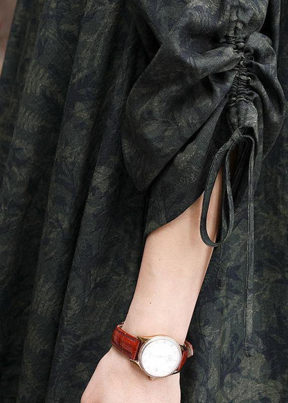 Bohemian Green Print O Neck Asymmetric Robes Dresses - SooLinen