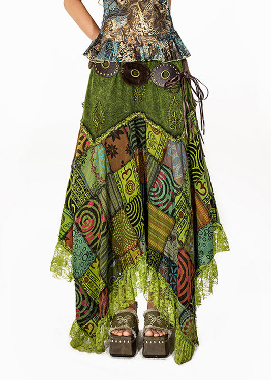 Bohemian Green Print Lace Patchwork Maxi Skirt