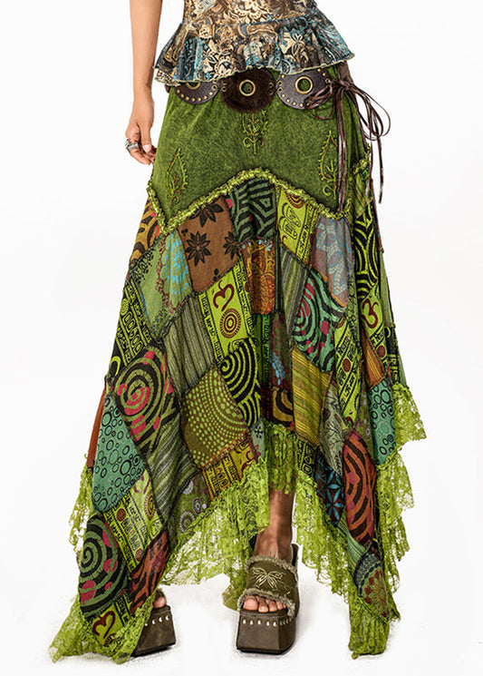 Bohemian Green Print Lace Patchwork Maxi Skirt