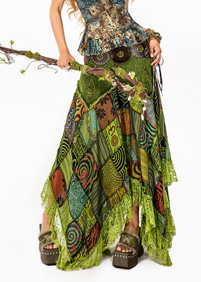 Bohemian Green Print Lace Patchwork Maxi Skirt