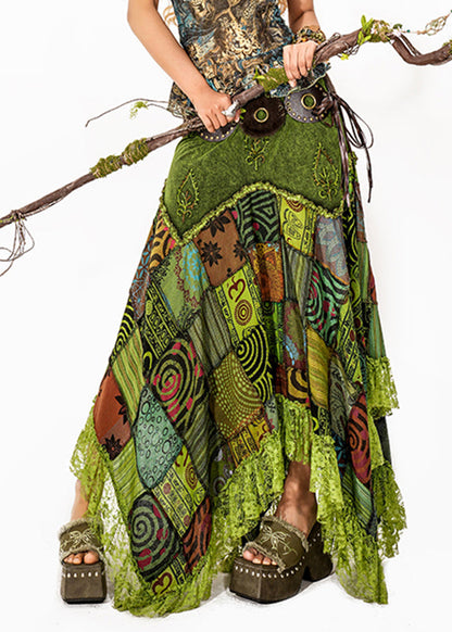 Bohemian Green Print Lace Patchwork Maxi Skirt