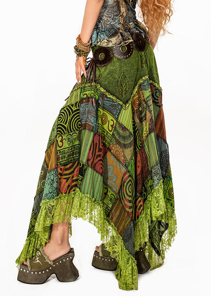Bohemian Green Print Lace Patchwork Maxi Skirt