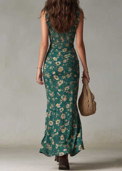 Bohemian Green Ruffled Asymmetrical Print Chiffon Dress Summer