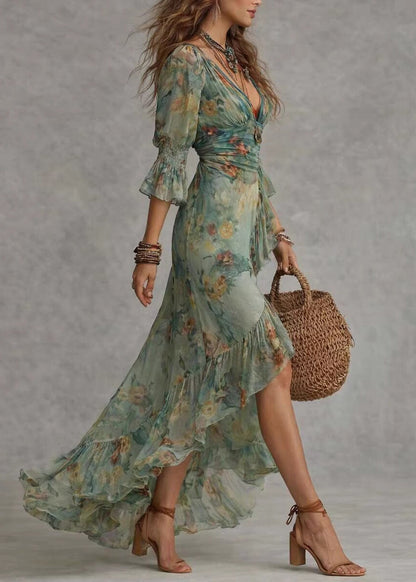 Bohemian Green Ruffled Asymmetrical Print Chiffon Dresses Summer