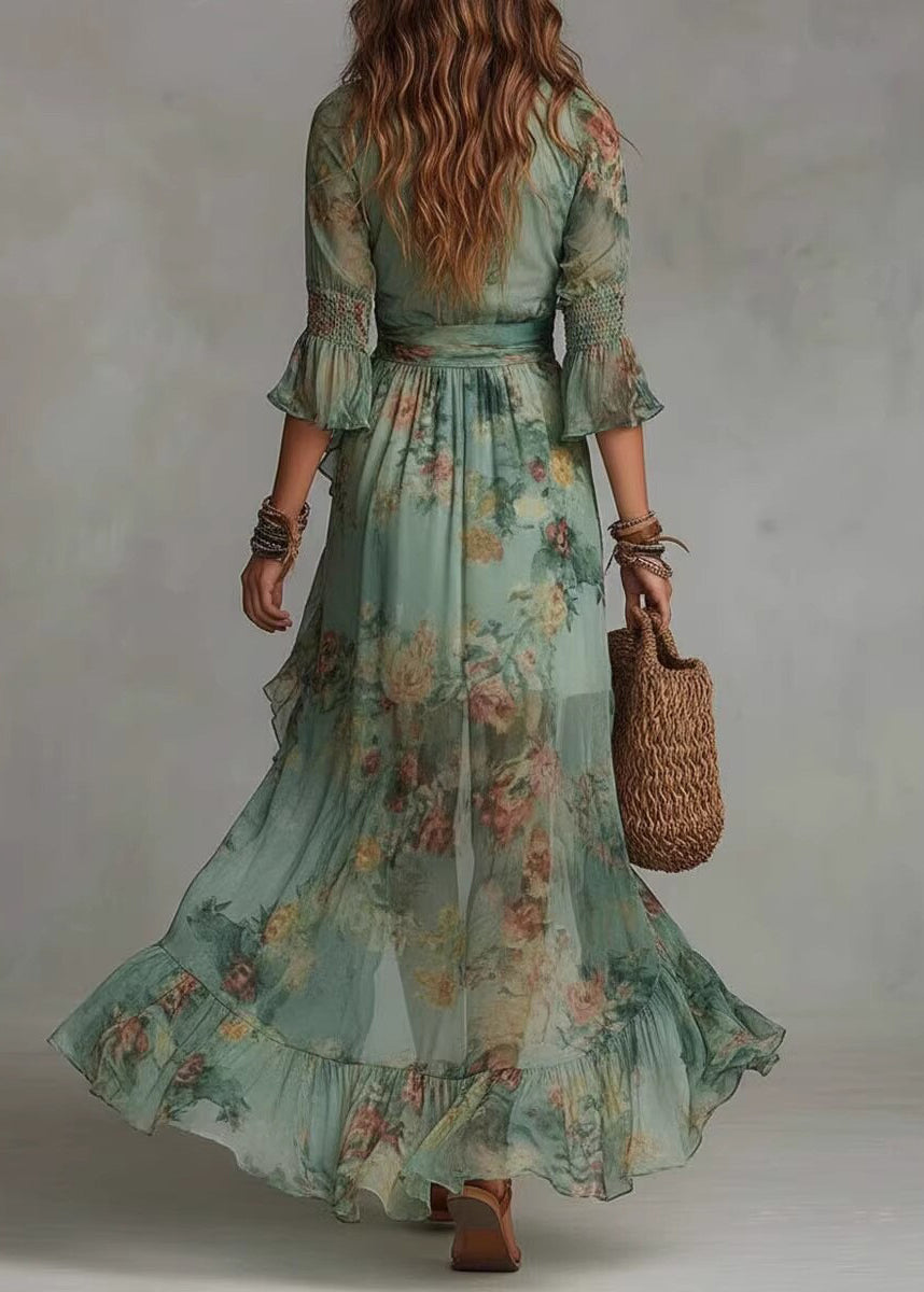 Bohemian Green Ruffled Asymmetrical Print Chiffon Dresses Summer