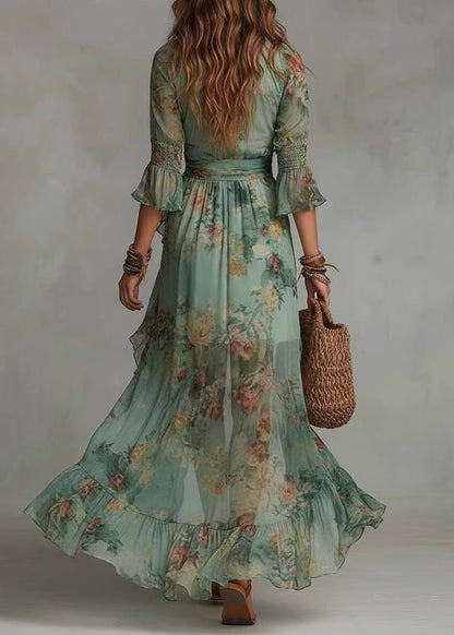Bohemian Green Ruffled Asymmetrical Print Chiffon Dresses Summer