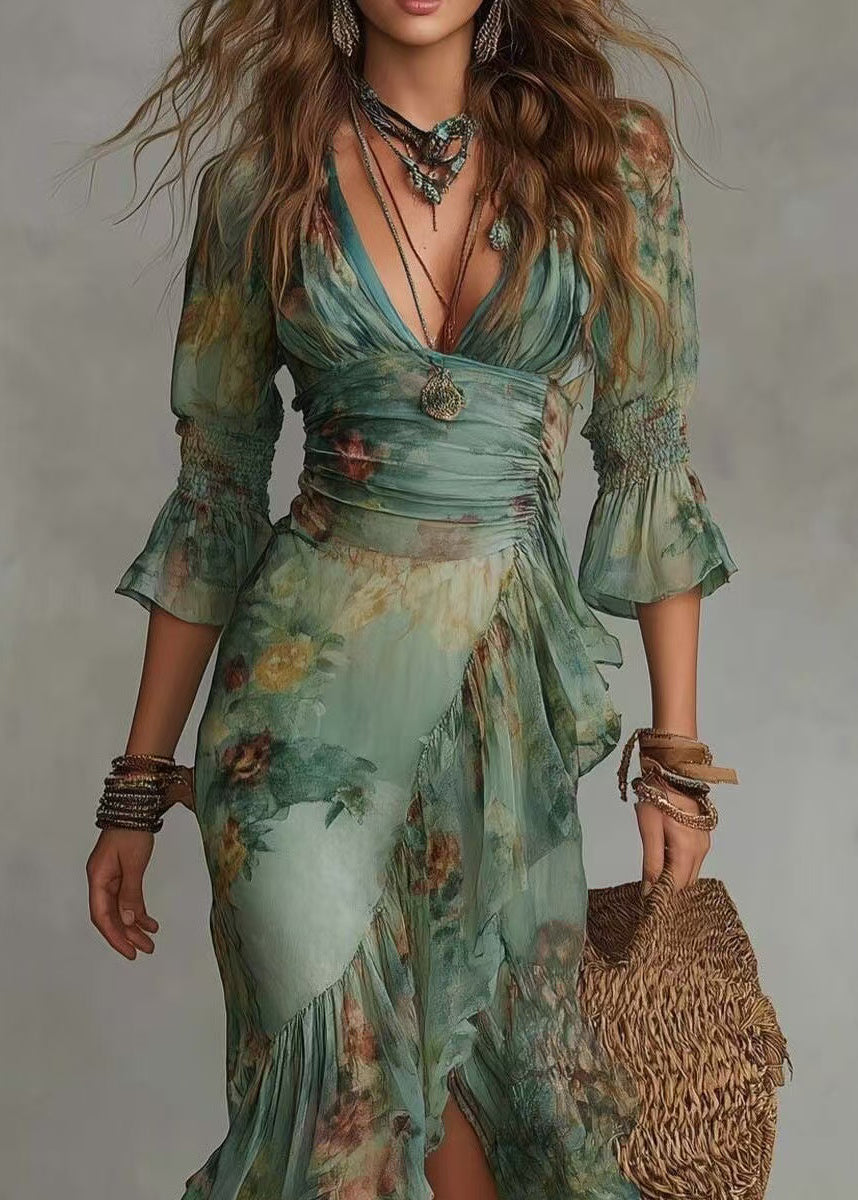 Bohemian Green Ruffled Asymmetrical Print Chiffon Dresses Summer