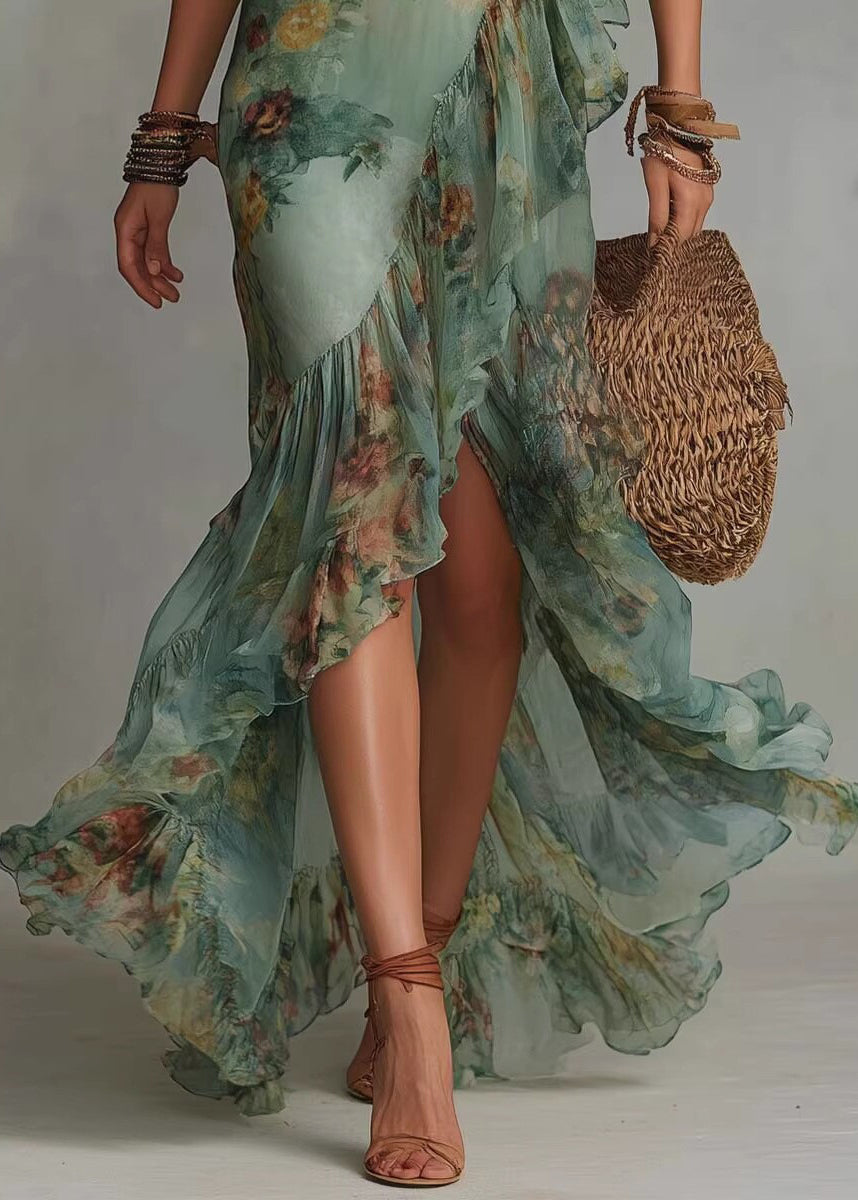 Bohemian Green Ruffled Asymmetrical Print Chiffon Dresses Summer