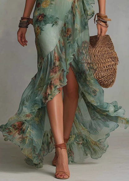 Bohemian Green Ruffled Asymmetrical Print Chiffon Dresses Summer
