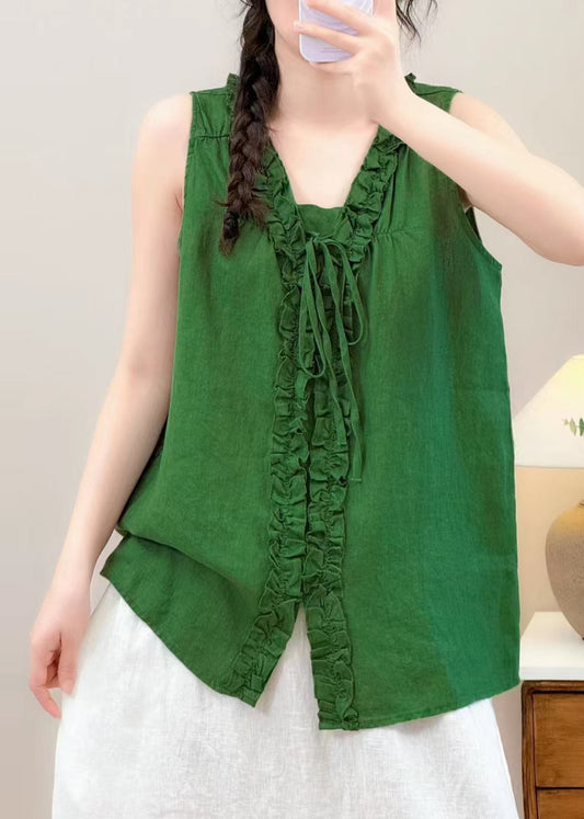 Bohemian Green Ruffled Lace Up Linen Blouse Top Summer