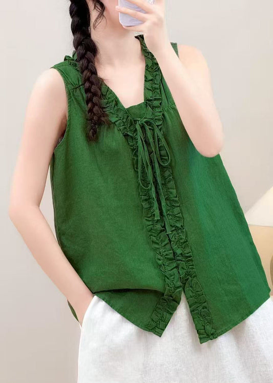 Bohemian Green Ruffled Lace Up Linen Blouse Top Summer