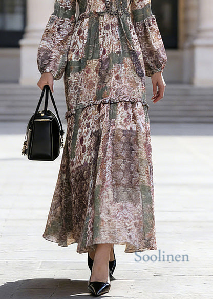 Bohemian Green Ruffled Patchwork Chiffon Vacation Maxi Dresses Spring