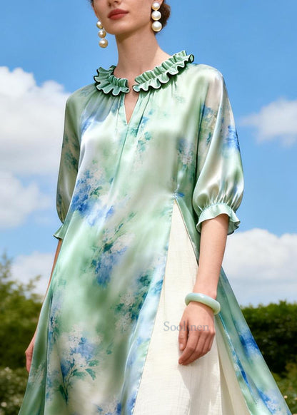 Bohemian Green Ruffled Print Linen Silk Fake Two Piece Dress Summer