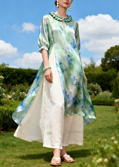 Bohemian Green Ruffled Print Linen Silk Fake Two Piece Dress Summer
