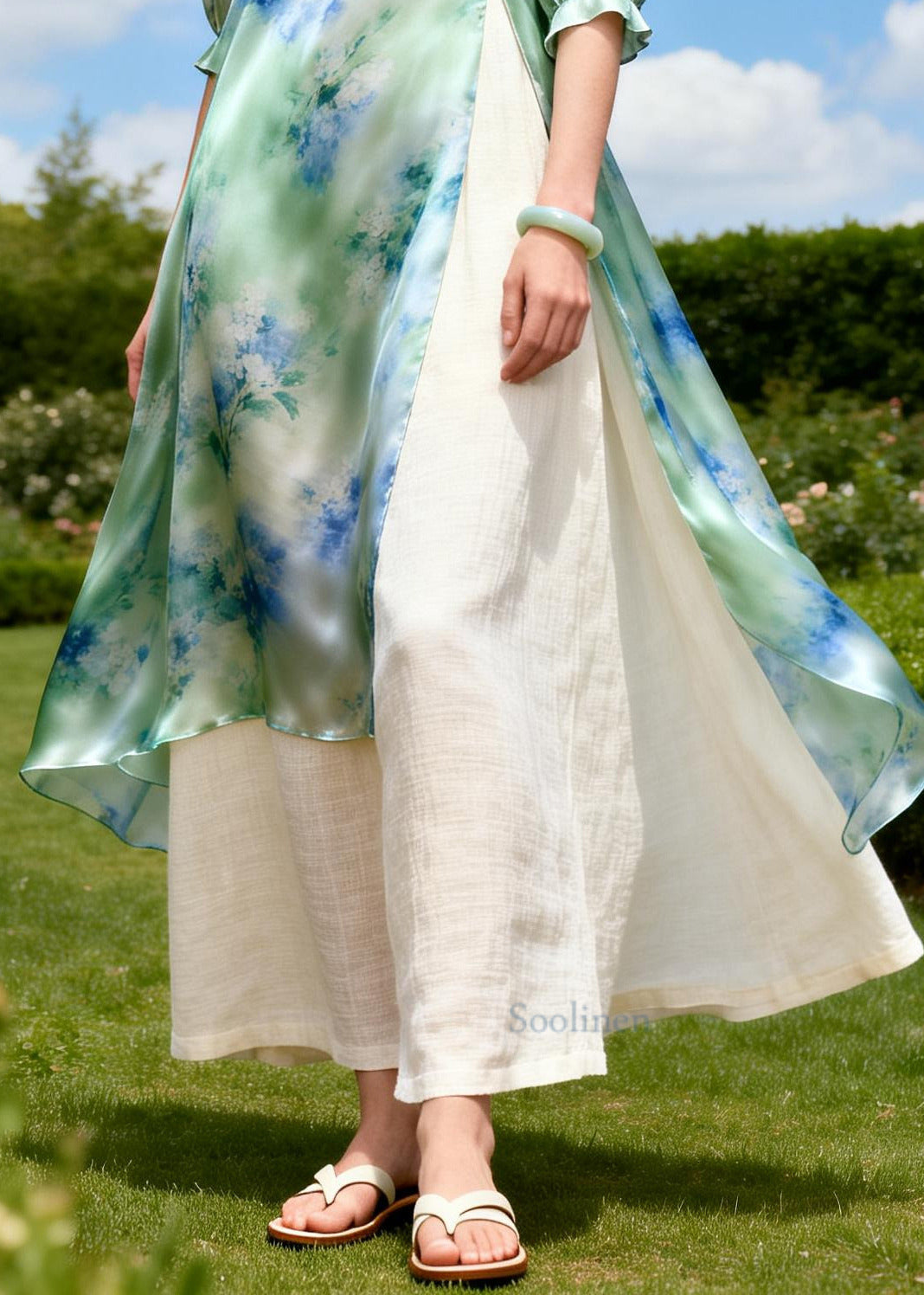 Bohemian Green Ruffled Print Linen Silk Fake Two Piece Dress Summer