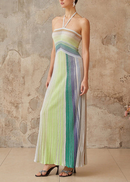 Bohemian Green Striped Neck Strap Ankle Dress Summer