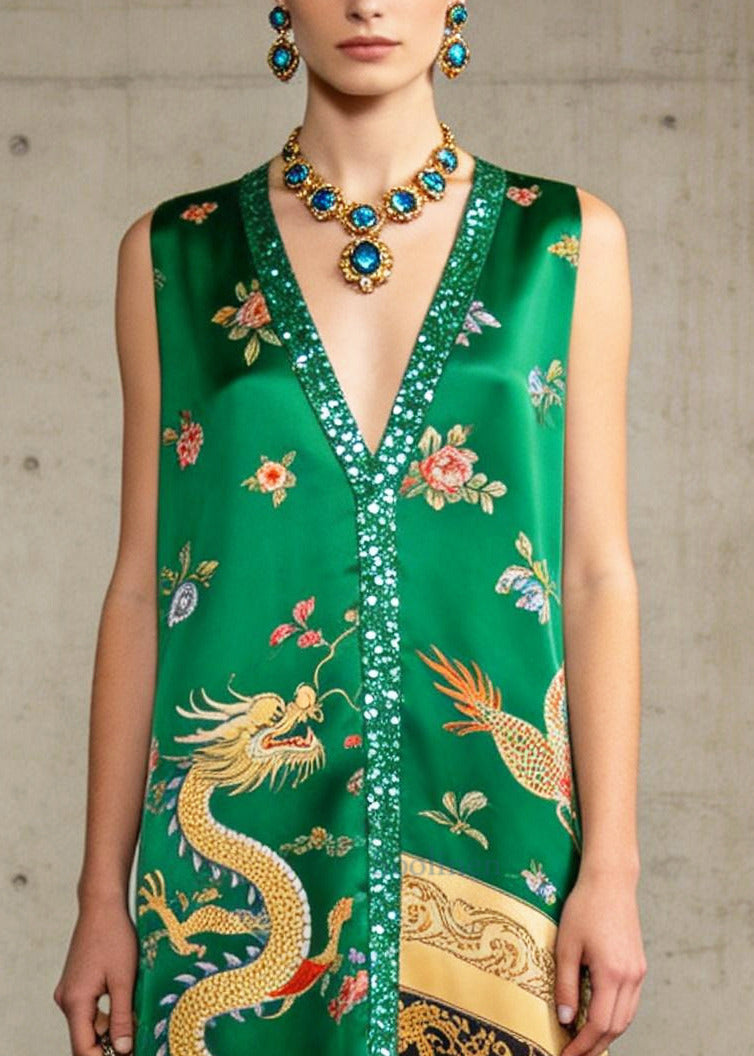 Bohemian Green Tasseled Sequins Silk Robe Dresses Sleeveless