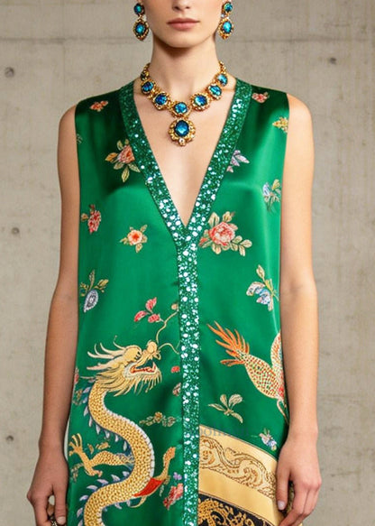 Bohemian Green Tasseled Sequins Silk Robe Dresses Sleeveless