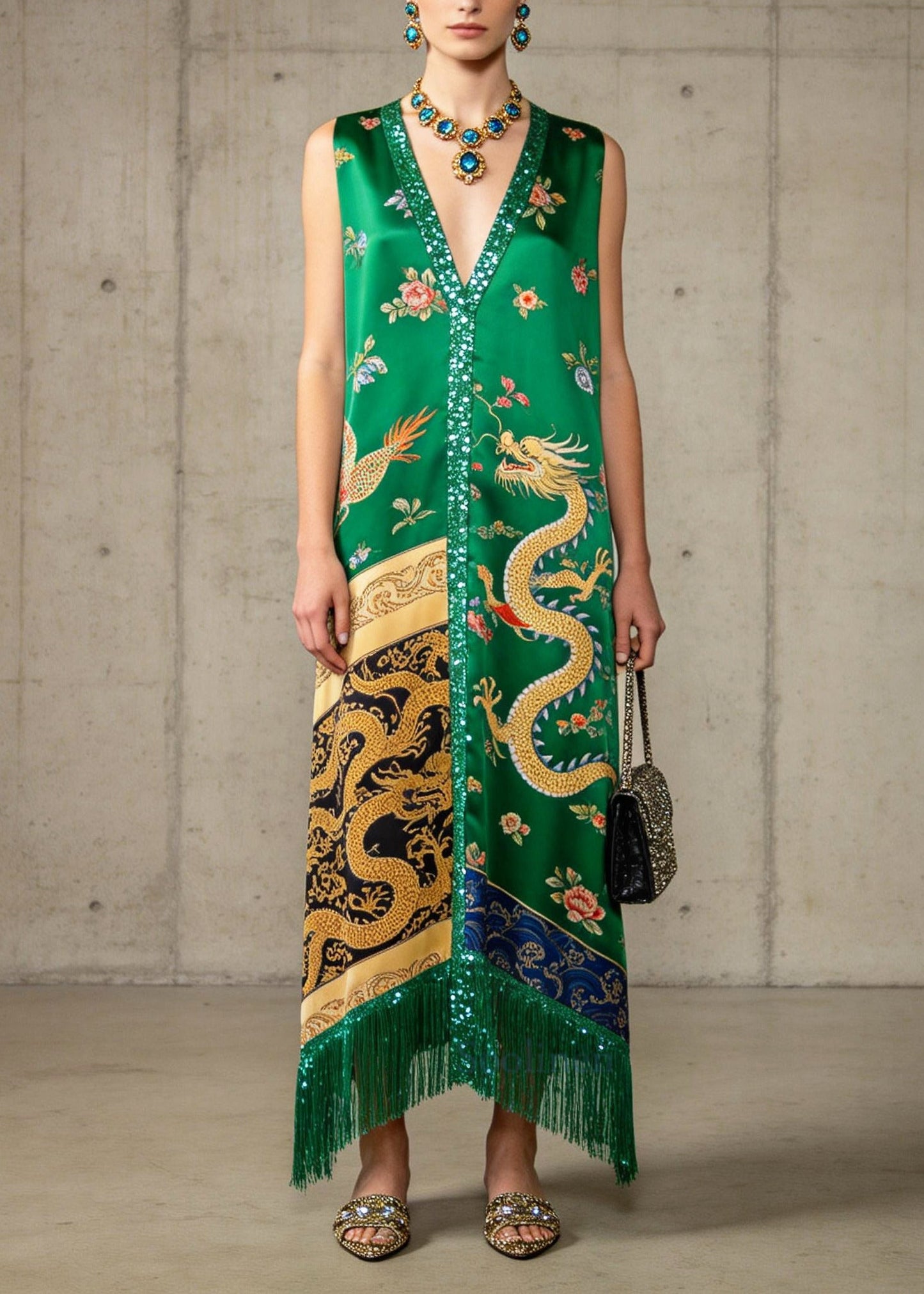 Bohemian Green Tasseled Sequins Silk Robe Dresses Sleeveless