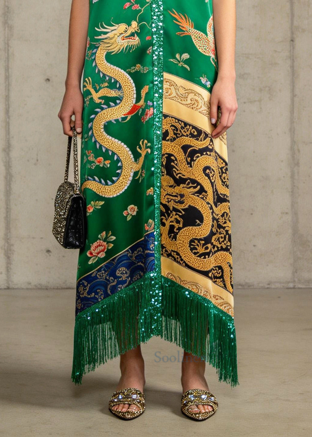 Bohemian Green Tasseled Sequins Silk Robe Dresses Sleeveless