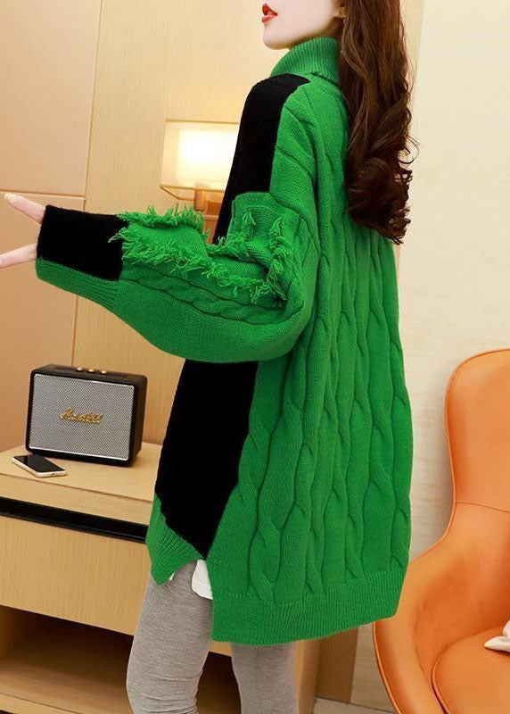 Bohemian Grün Rollkragen Dicken Patchwork Stricken Pullover Tops Winter