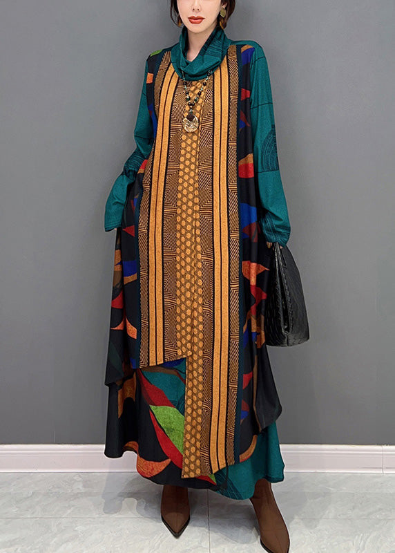 Bohemian Grün Rollkragen Print Patchwork Langes Kleid Langarm