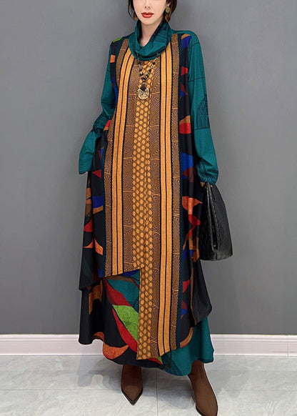Bohemian Grün Rollkragen Print Patchwork Langes Kleid Langarm
