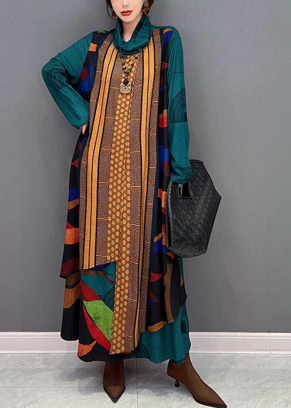 Bohemian Grün Rollkragen Print Patchwork Langes Kleid Langarm