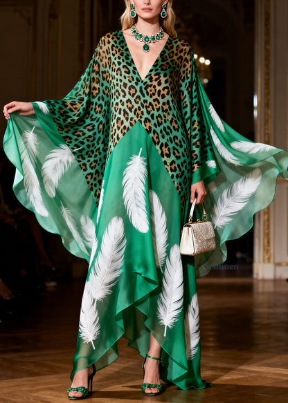 Bohemian Green V Neck Leopard Feather Print Silk Long Dresses Summer
