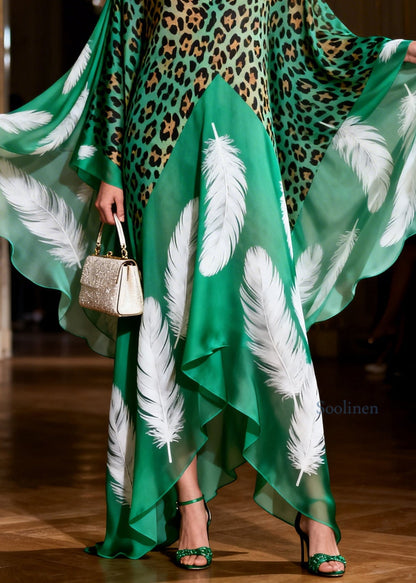 Bohemian Green V Neck Leopard Feather Print Silk Long Dresses Summer