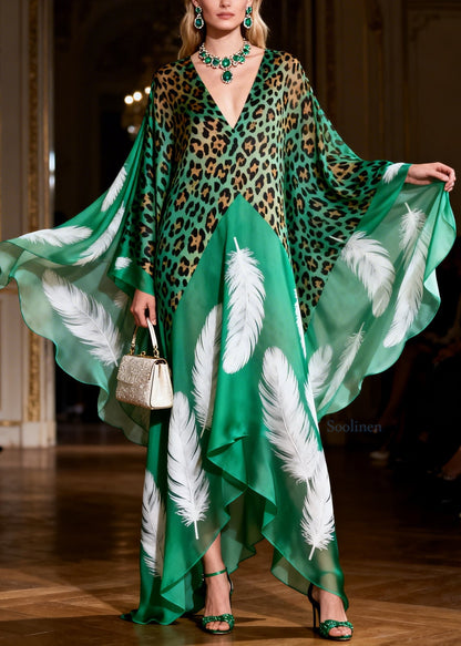 Bohemian Green V Neck Leopard Feather Print Silk Long Dresses Summer