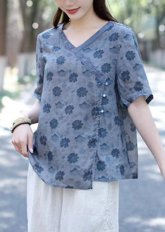 Bohemian Grün V-Ausschnitt Print Patchwork Leinenhemden Sommer