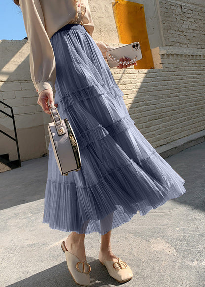 Bohemian Grau Blau Hohe Taille Falten Tüll Kuchen Rock Frühling