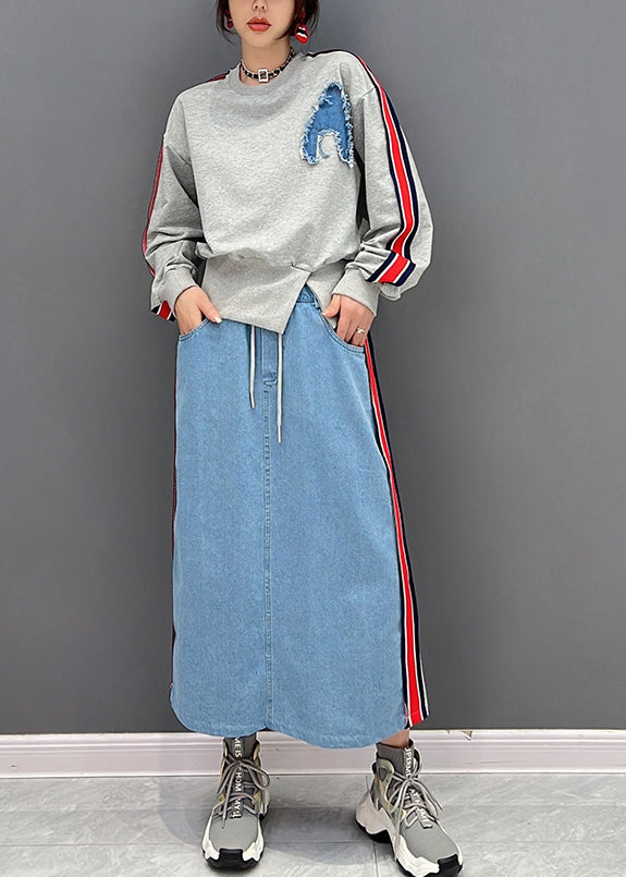 Bohemian Grau O-Ausschnitt Patchwork Pullover und Röcke Zweiteiler Anzug Set Herbst