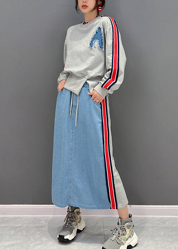 Bohemian Grau O-Ausschnitt Patchwork Pullover und Röcke Zweiteiler Anzug Set Herbst