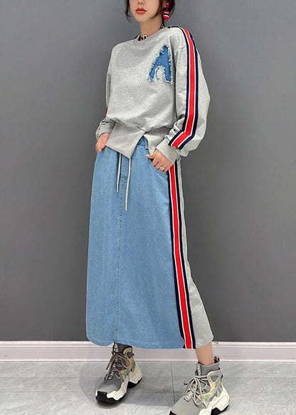 Bohemian Grau O-Ausschnitt Patchwork Pullover und Röcke Zweiteiler Anzug Set Herbst