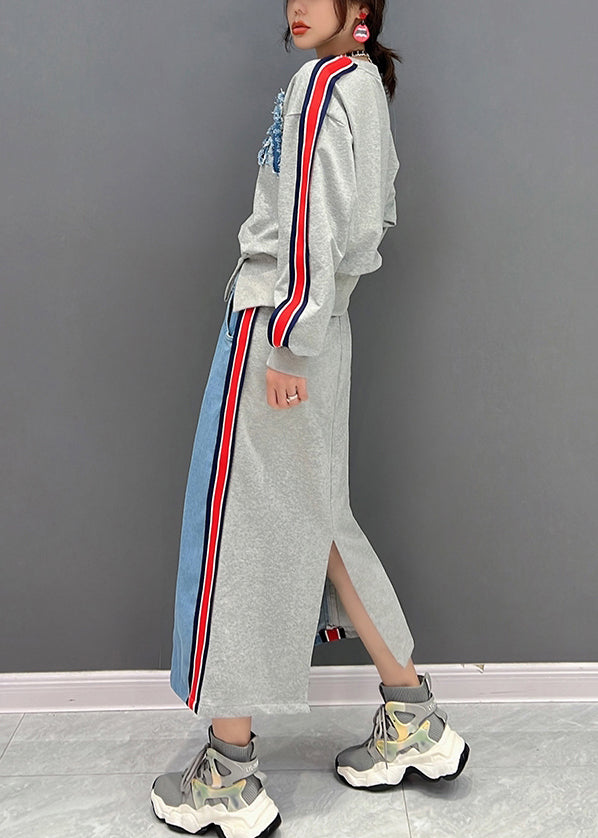 Bohemian Grau O-Ausschnitt Patchwork Pullover und Röcke Zweiteiler Anzug Set Herbst