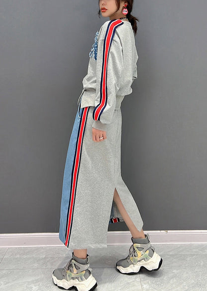 Bohemian Grau O-Ausschnitt Patchwork Pullover und Röcke Zweiteiler Anzug Set Herbst