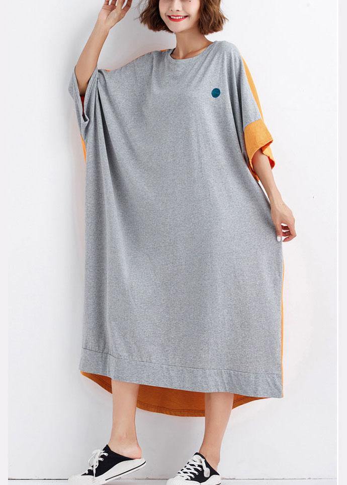 Bohemian Grey Patchwork Orange Low High Graphic Summer Half Sleeve Vacation Dress - SooLinen