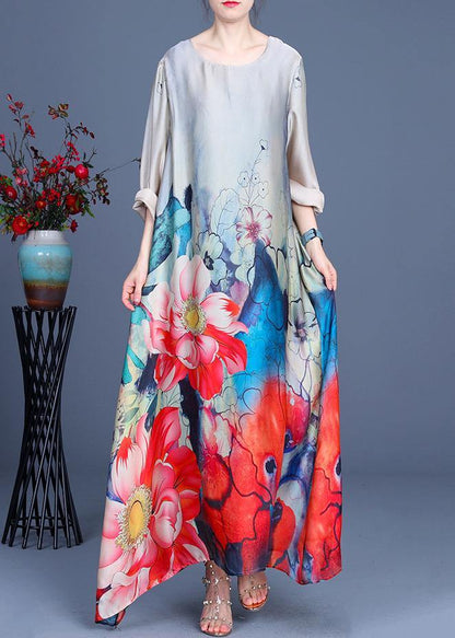 Bohemian Grey Print asymmetrical design Silk Summer Mid Dress - SooLinen