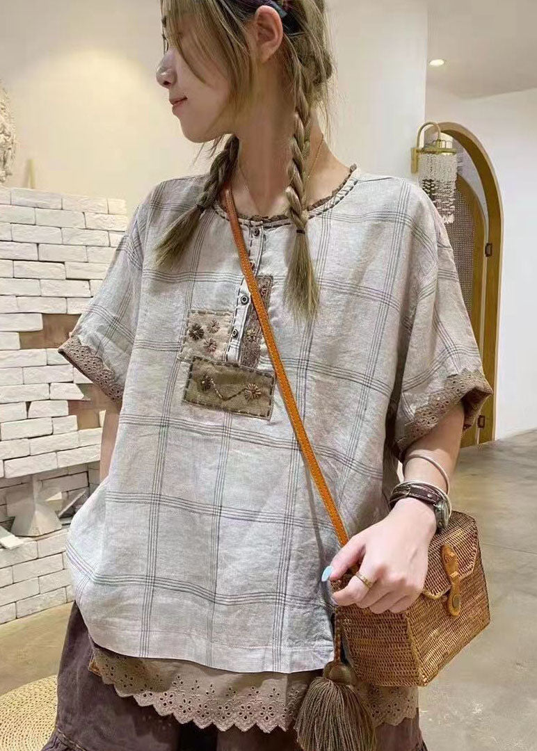 Bohemian Grau Rüschen Plaid Baumwolle Hemd Tops Kurzarm