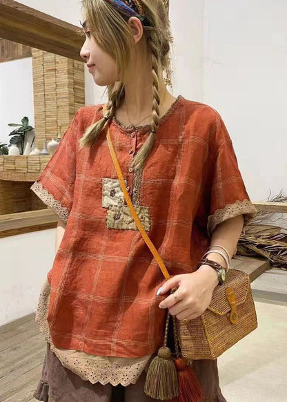 Bohemian Grau Rüschen Plaid Baumwolle Hemd Tops Kurzarm