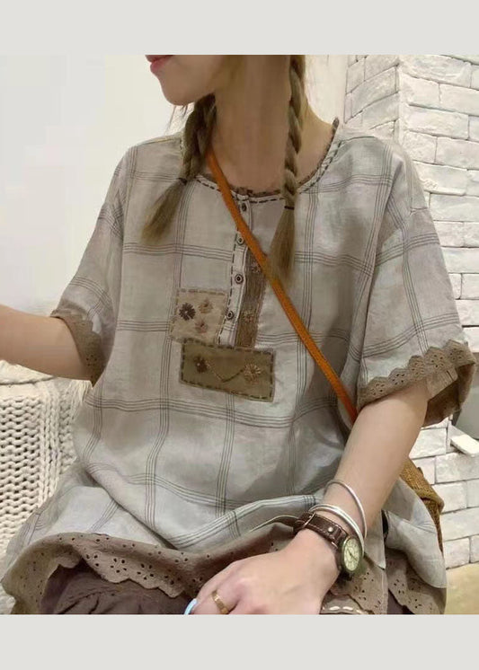 Bohemian Grau Rüschen Plaid Baumwolle Hemd Tops Kurzarm
