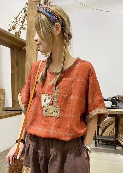 Bohemian Grau Rüschen Plaid Baumwolle Hemd Tops Kurzarm