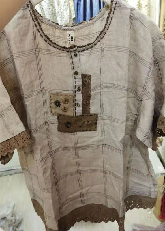 Bohemian Grau Rüschen Plaid Baumwolle Hemd Tops Kurzarm